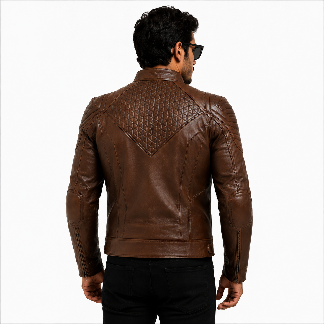 Men's Antique Brown Diamond Quilted Leather Biker Jacket