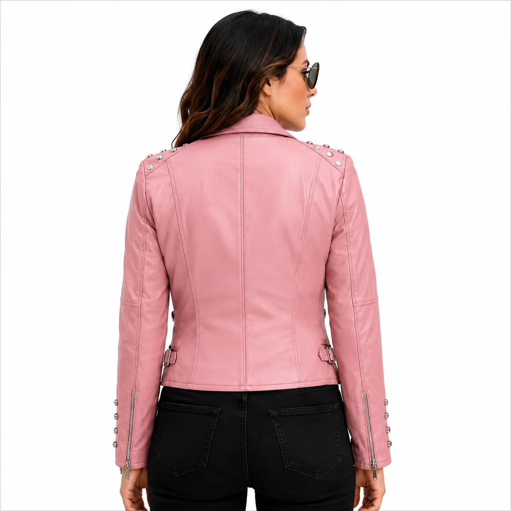 Women's Pink Studded Leather Moto Jacket