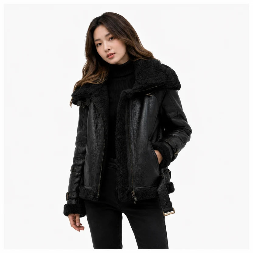 Women's black shearling aviator jacket winter outfit 