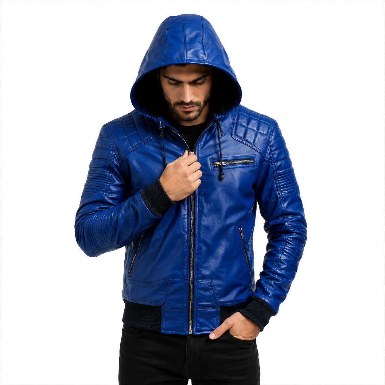 Men's Royal Blue Hooded Leather Jacket Streetwear Outfit