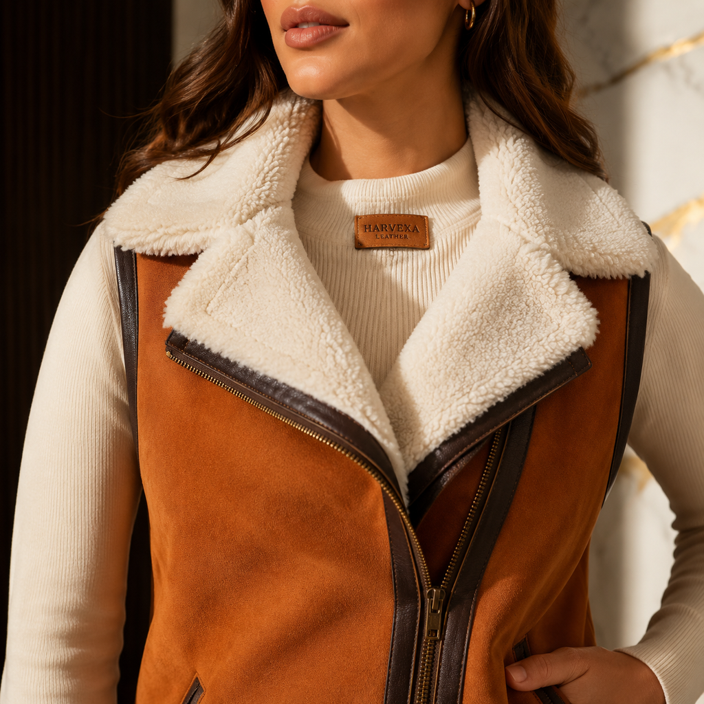 Women's Tan Shearling Leather Vest