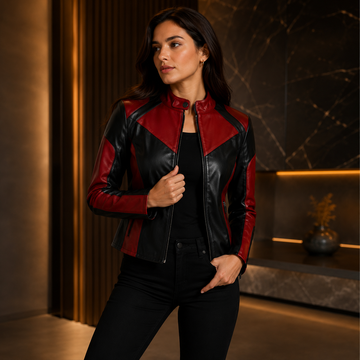 Women's Red and Black Two-Tone Cafe Racer Leather Jacket