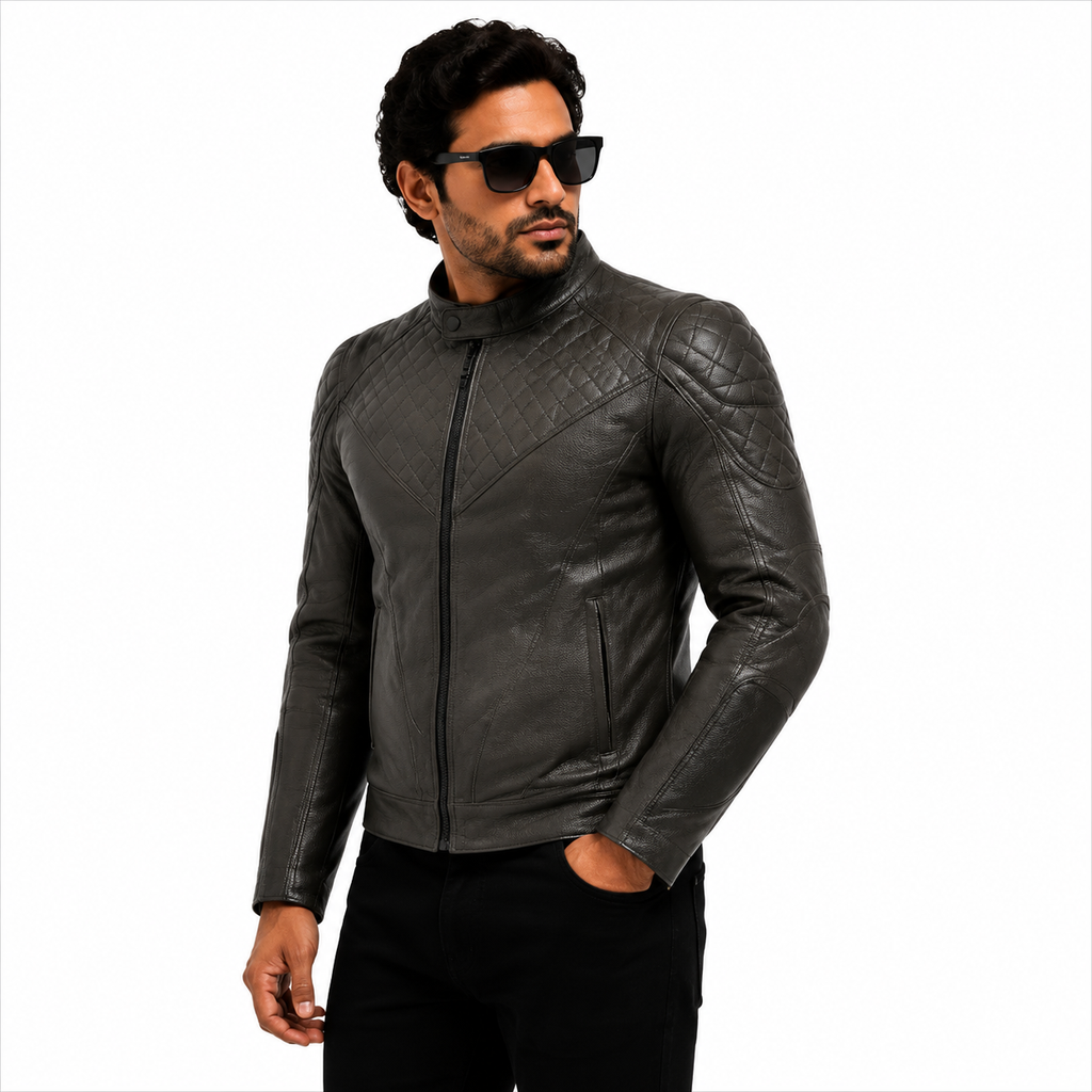 Men's Charcoal Gray Quilted Racer Leather Jacket
