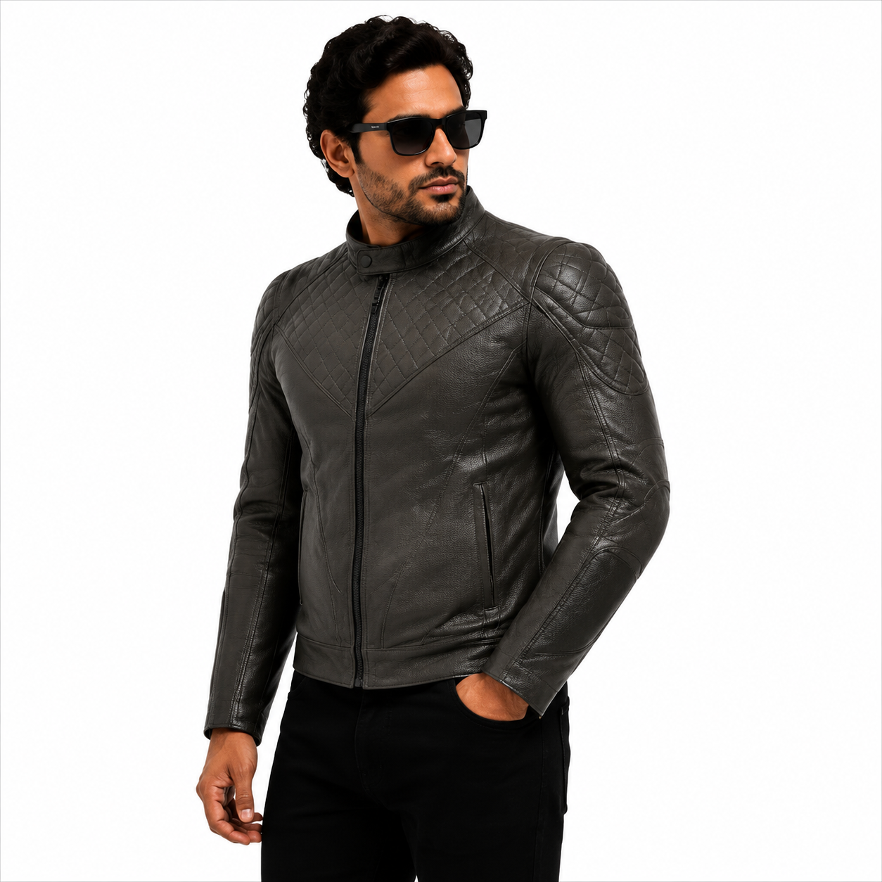 Men's Charcoal Gray Quilted Racer Leather Jacket