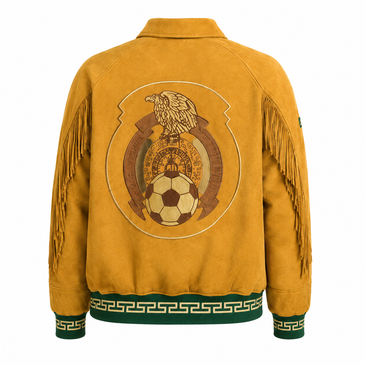 Mustard Yellow Mexico Suede Fringe Varsity Jacket with Eagle and Soccer Ball Crest on Back