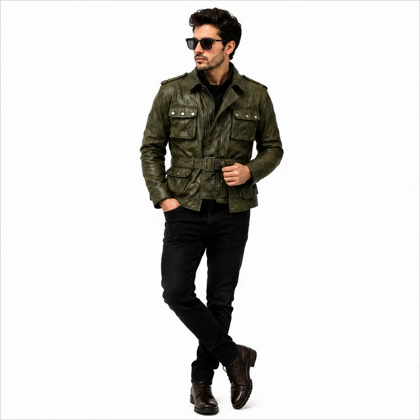 Men's Olive Green Leather Field Biker Jacket