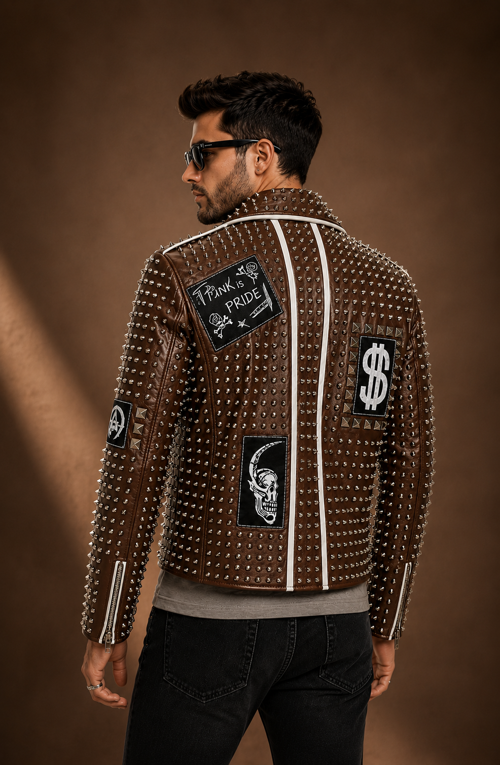 Brown studded leather biker jacket