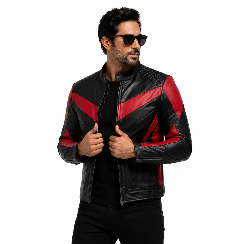 black and red leather racer jacket