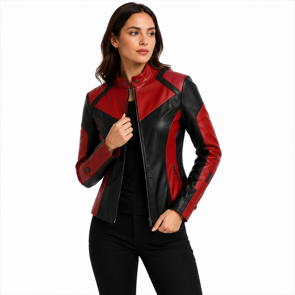 Women's Red and Black Two-Tone Cafe Racer Leather Jacket