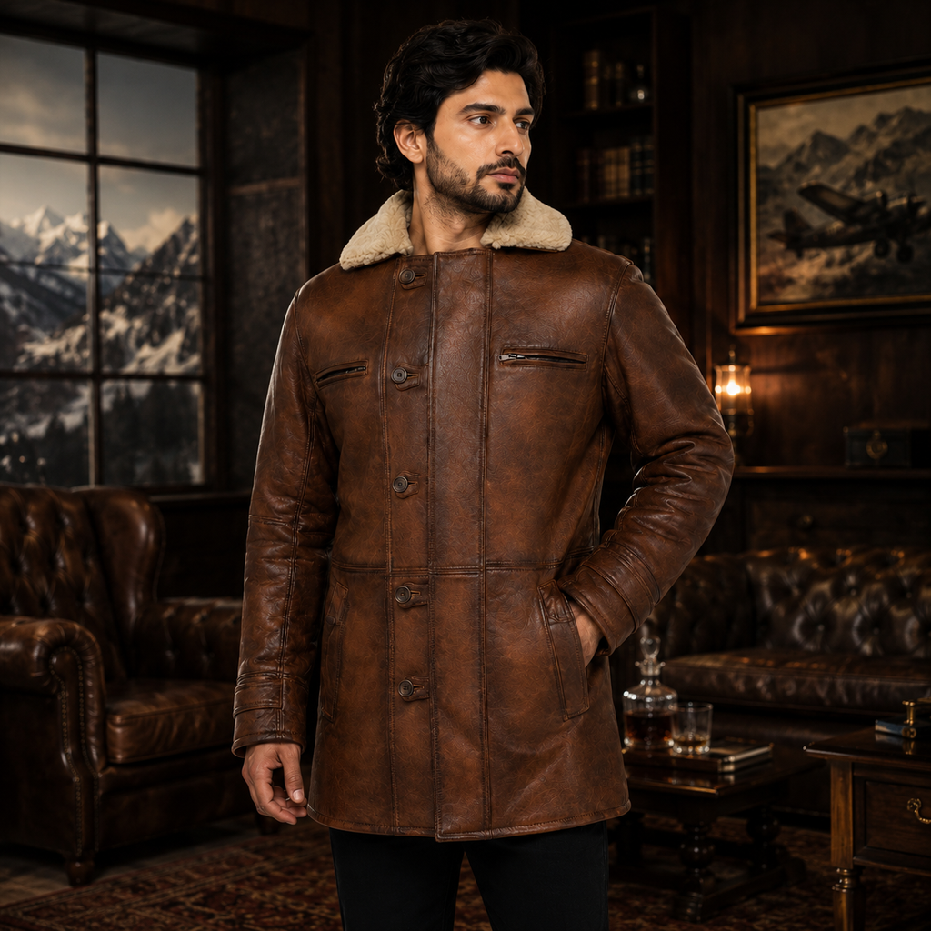 Men's Brown Faux Shearling Long Leather Coat