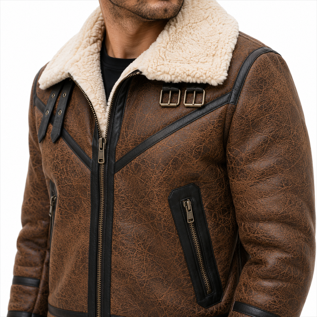 Men's Brown Distressed Shearling Aviator Leather Jacket