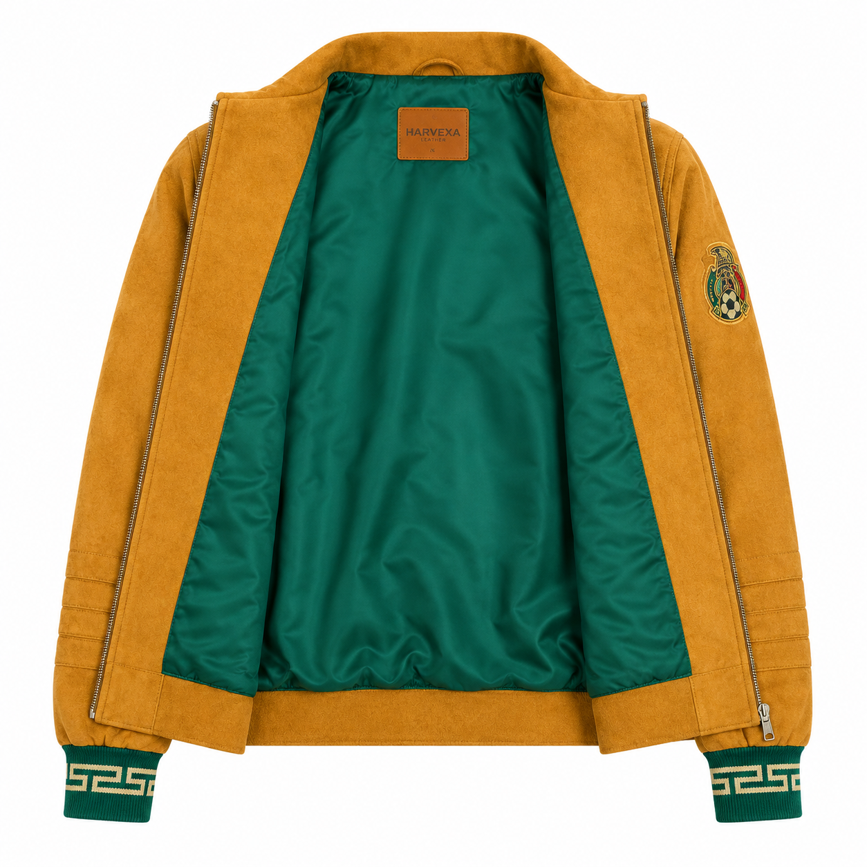 Mustard Yellow Mexico Suede Varsity Jacket with Mexico Embroidery and Green Trim