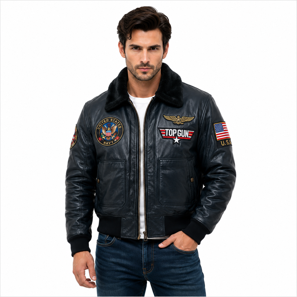 Men's Navy Blue Top Gun G-1 Flight Leather Bomber Jacket
