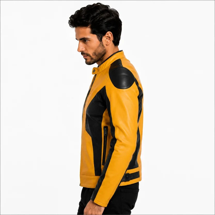Men's White and Black Genuine Leather Biker Jacket