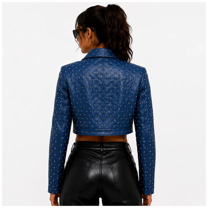 women's royal blue quilted studded crop leather jacket