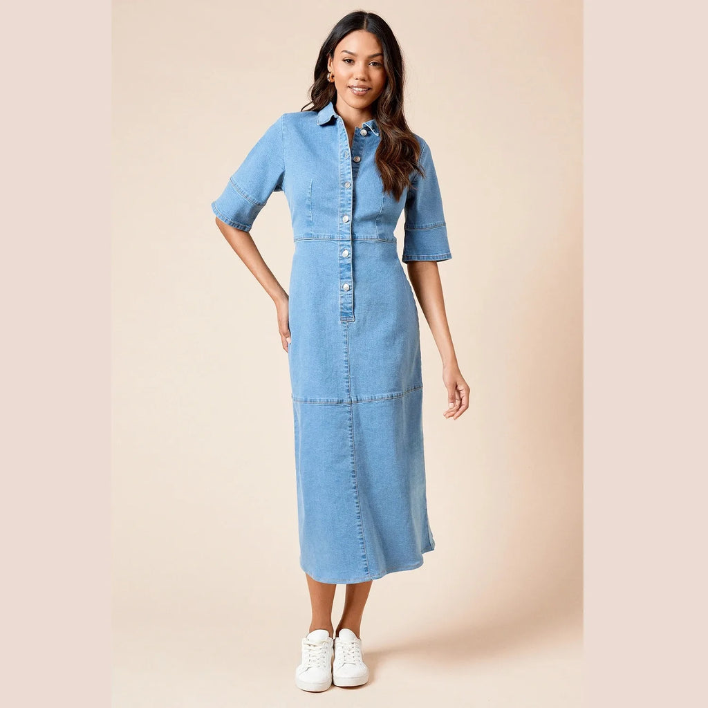light blue long denim dress