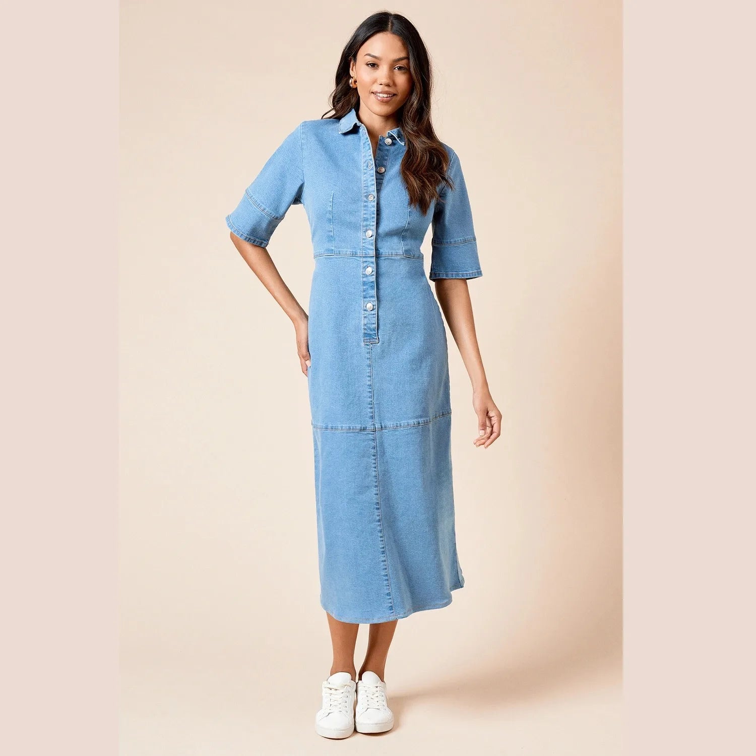 light blue long denim dress