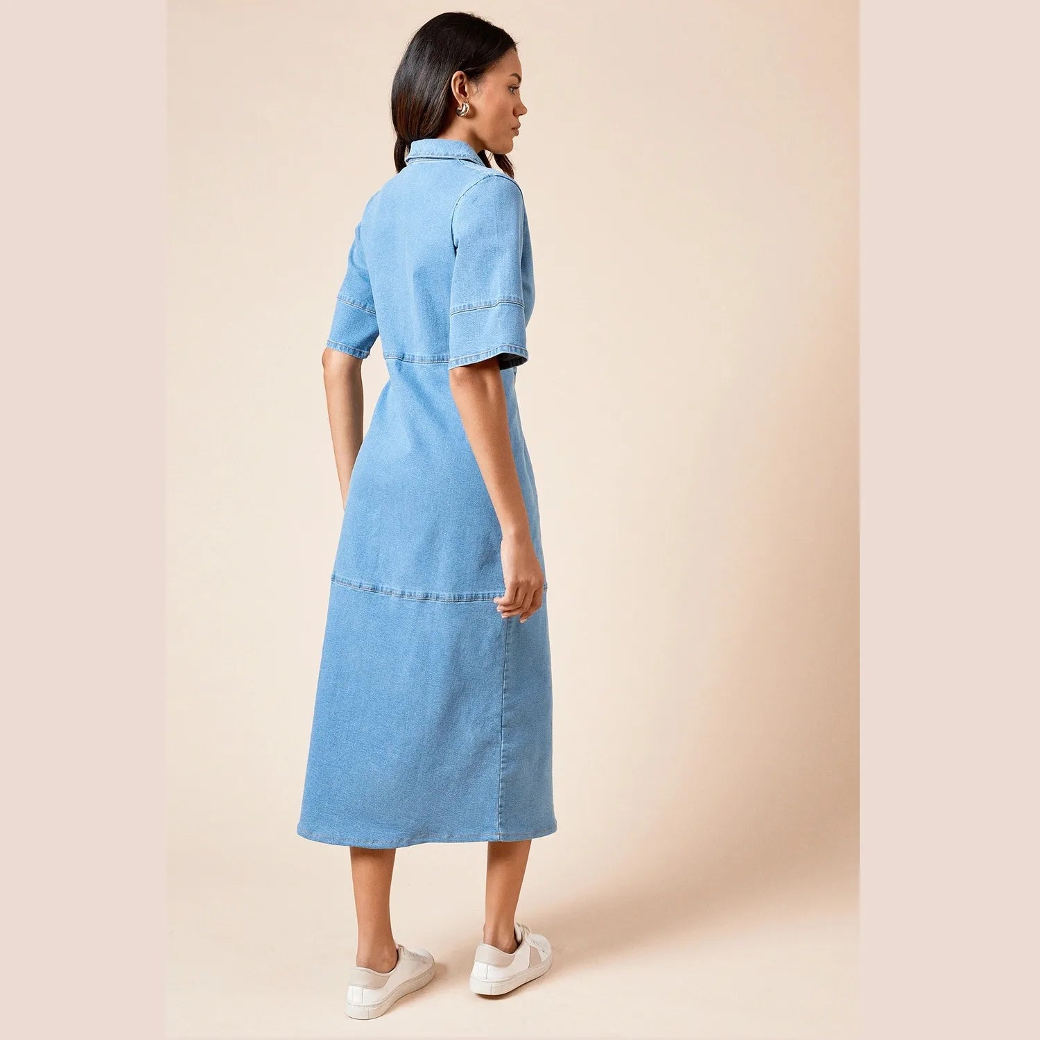 light blue long denim dress
