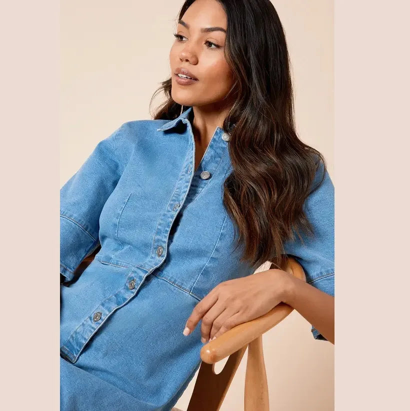 light blue long denim dress
