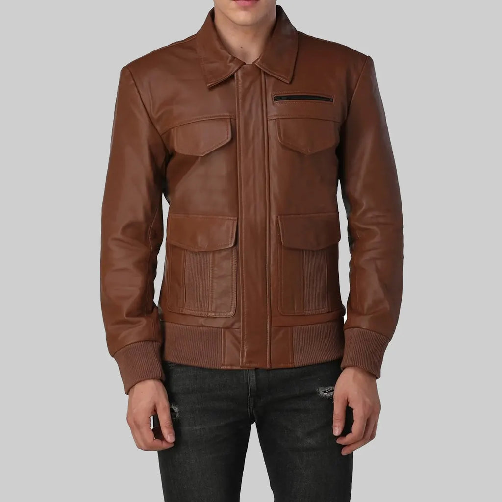 Mens Brown Bomber Utility Leather Jacket