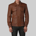 Mens Brown Bomber Utility Leather Jacket