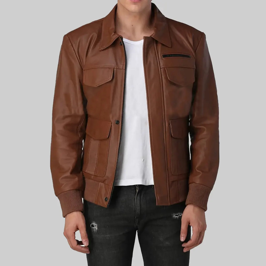 Mens Brown Bomber Utility Leather Jacket