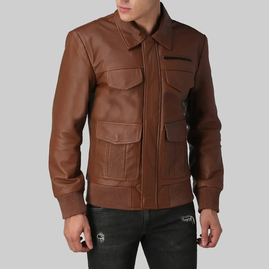 Mens Brown Bomber Utility Leather Jacket
