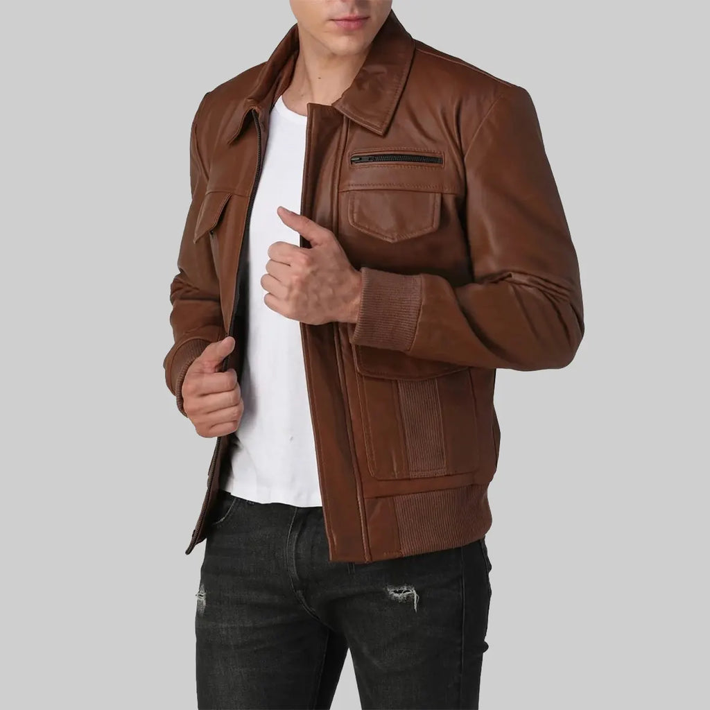 Mens Brown Bomber Utility Leather Jacket