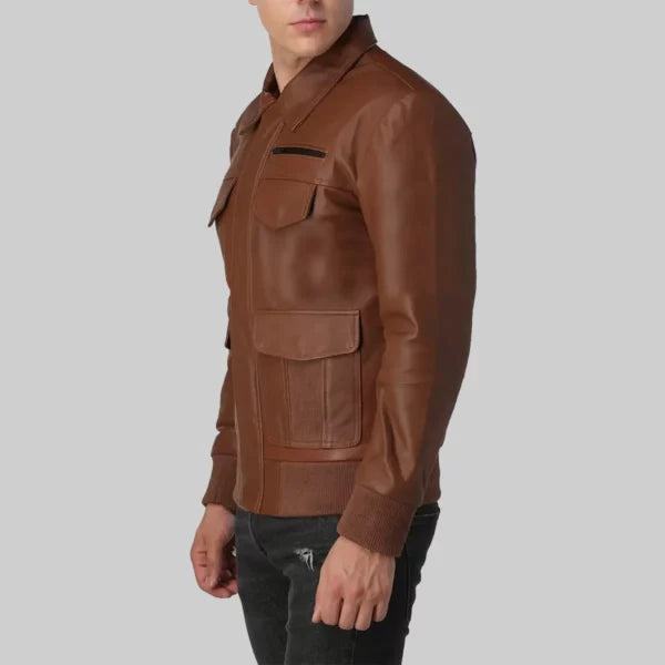 Mens Brown Bomber Utility Leather Jacket