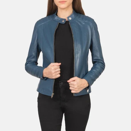 Women's Black Genuine Leather Cafe Racer Jacket