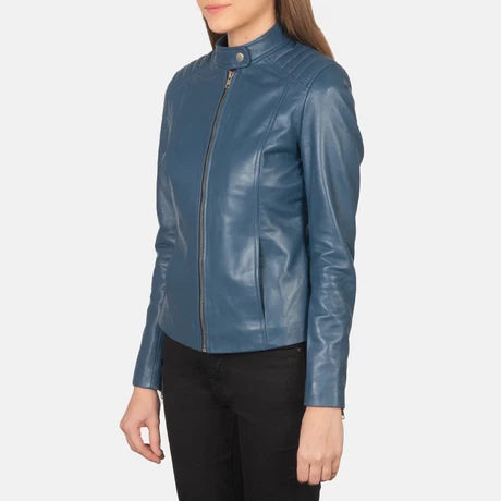 women's teal blue leather moto jacket
