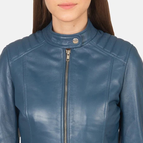 women's blue tailored leather moto jacket