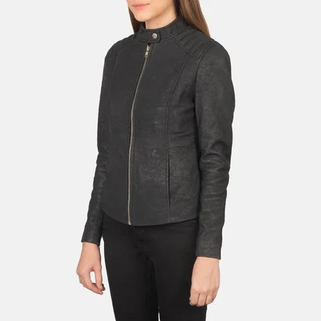 Women's Black Genuine Leather Cafe Racer Jacket