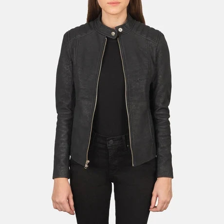 Women's Black Genuine Leather Cafe Racer Jacket