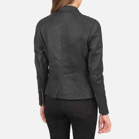 Women's Black Genuine Leather Cafe Racer Jacket