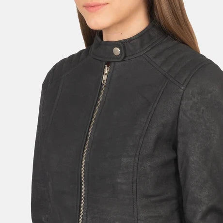 Women's Black Genuine Leather Cafe Racer Jacket