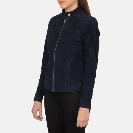 Women's Navy Blue Genuine Suede Moto Jacket