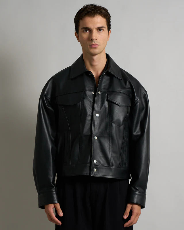 cropped black leather jacket
