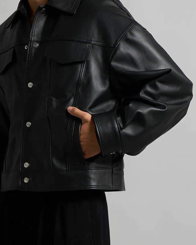cropped black leather jacket