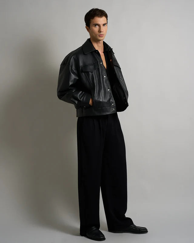 cropped black leather jacket