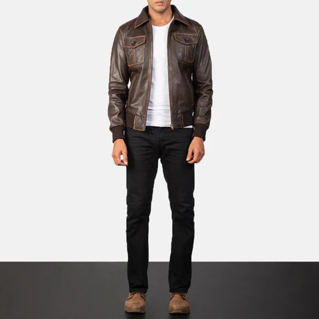 Aaron Black Leather Bomber Jacket