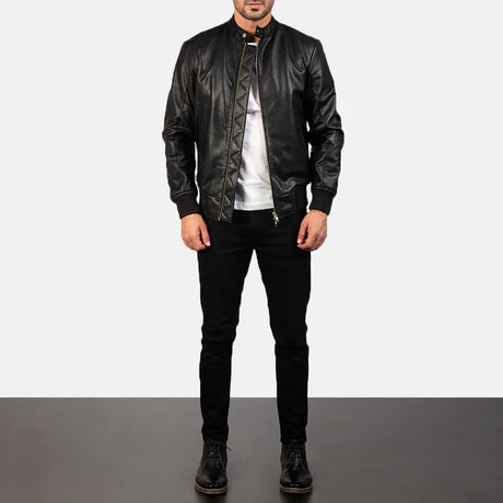 Avan Black & Maroon Leather Bomber Jacket