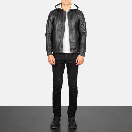 Baston Green Hooded Leather Bomber Jacket