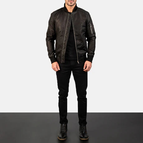 Bomia Ma-1 Black Leather Bomber Jacket