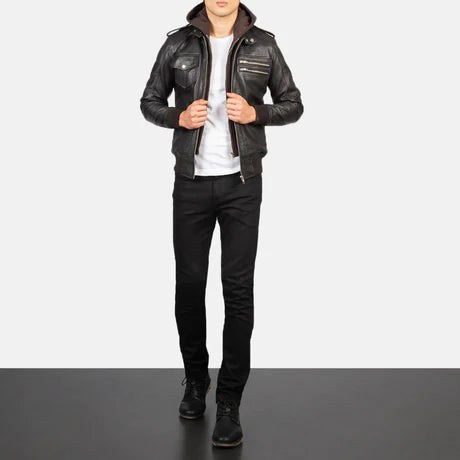 Bravado Black Hooded Leather Bomber Jacket