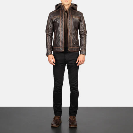 Hector Black Hooded Leather Biker Jacket