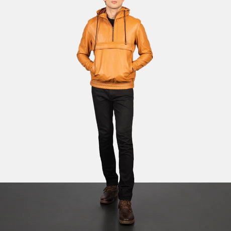 Kenton Hooded Brown Leather Pullover Jacket