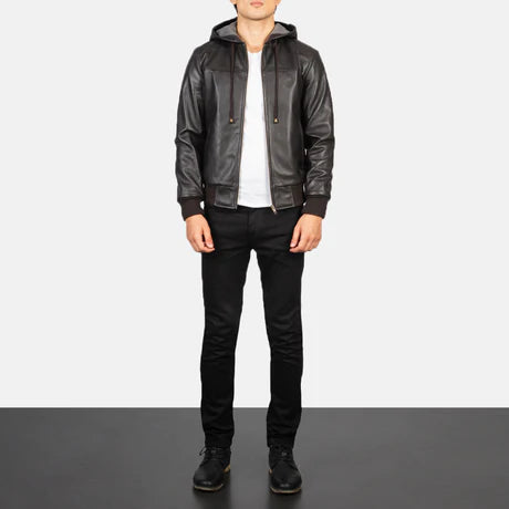Nintenzo Black Hooded Leather Bomber Jacket