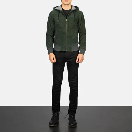 Nintenzo Black Hooded Leather Bomber Jacket
