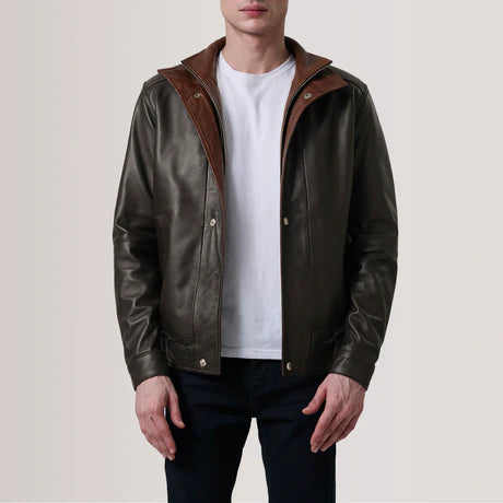 Men's Black and Brown Leather Bomber Jacket